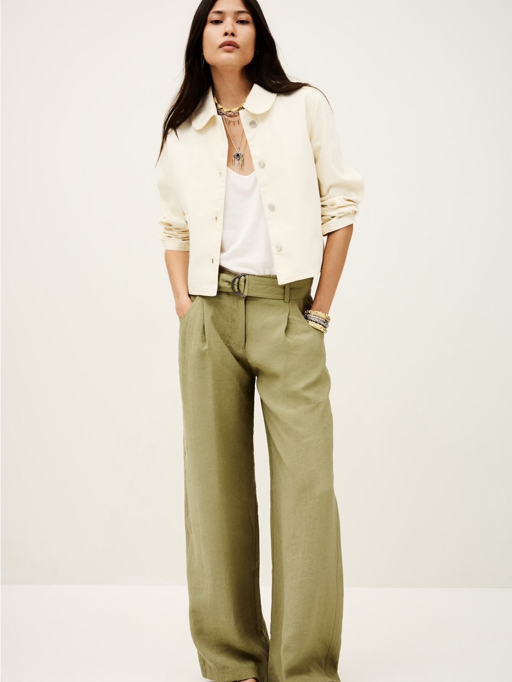 ba&sh Olive Wide-Leg High-Rise Pants with Self-Fabric Belt